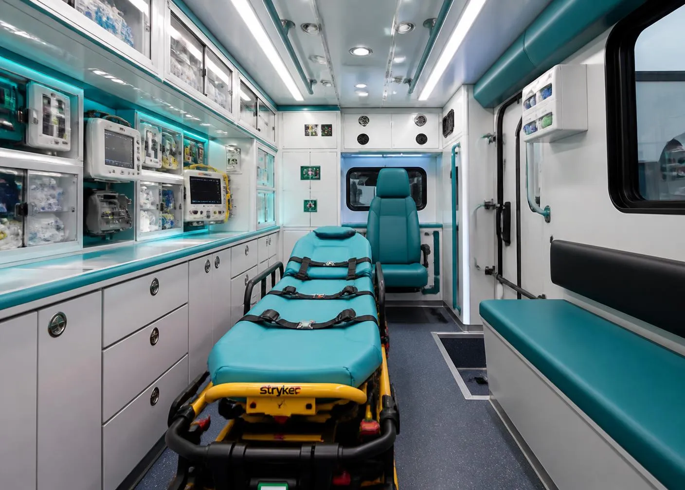 Interior da ambulância Tipo B com maca e equipamentos